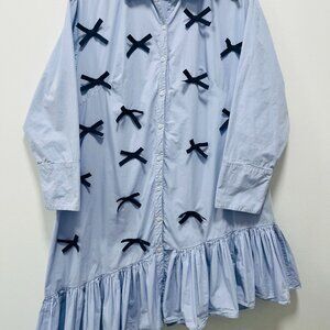 Maeve Long Sleeve 3D Bows Asymmetrical Blue Mini Dress Size Medium